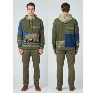 Cookies SF Mens Patchwork Camo Denim Hoodie Olive Green Fleece Hoodie XL